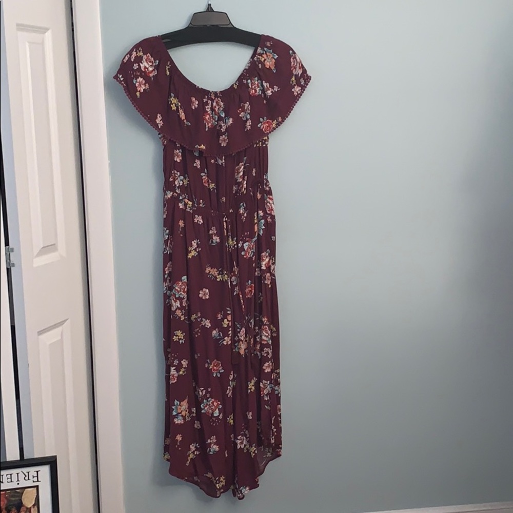 Burgundy floral off the shoulder jumpsuit